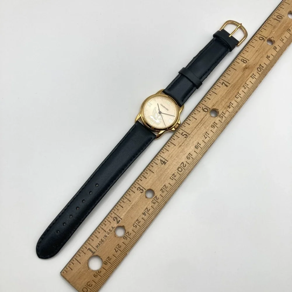 Tourneau Pegasus Watch Women 30mm Gold Tone Black Leather 30M New Battery 8.25